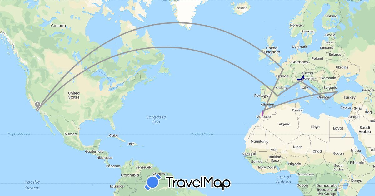 TravelMap itinerary: driving, plane, train in Algeria, Spain, France, Greece, Italy, Morocco, Turkey, United States (Africa, Asia, Europe, North America)