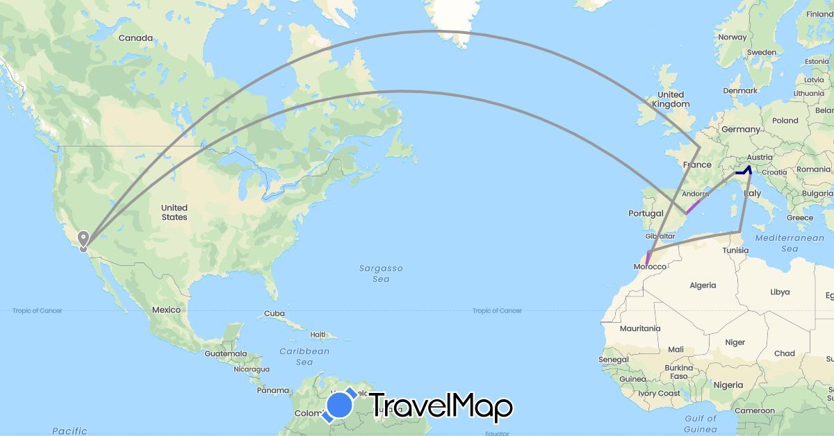 TravelMap itinerary: driving, plane, train in Spain, France, Italy, Morocco, Tunisia, United States (Africa, Europe, North America)